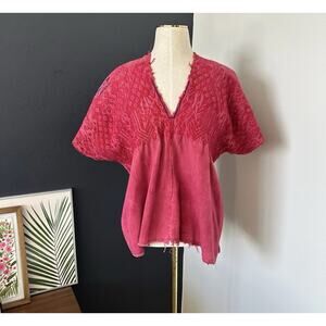ARLOOM Blouse Top Reddish Pink Embroidery Raw Fringe Hem *Johnny Was Style